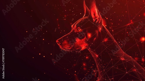 Doberman dog head from futuristic polygonal red lines and glowing stars for banner, poster, greeting card. AI generated