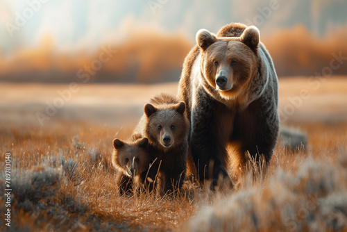 Brown Bear Family in Autumn Meadow