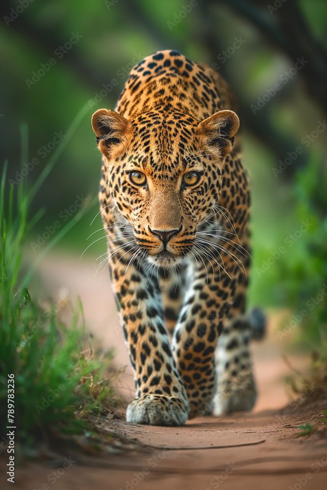 Intense Leopard Approaching on Forest Path Intense Leopard Approaching on Forest Path
