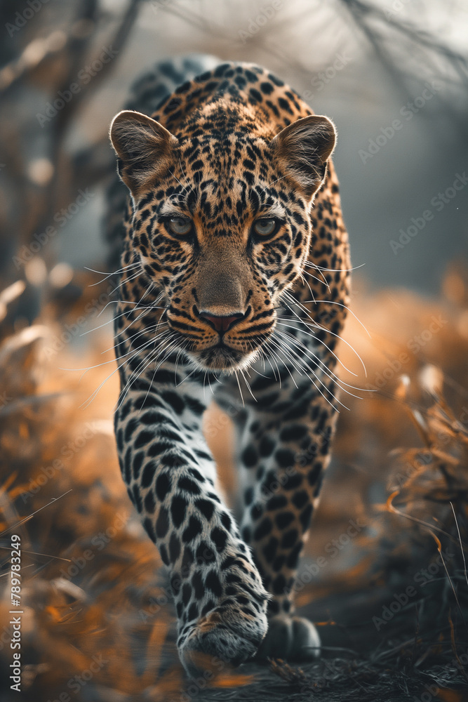 Intense Leopard Advancing Through Forest Underbrush Intense Leopard Advancing Through Forest Underbrush