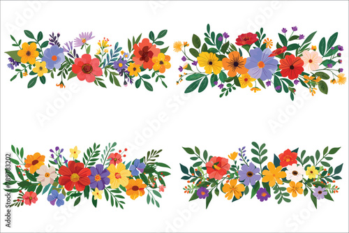 Colorful floral flowers branches  Flower ornament border  Vintage floral set  Set of colorful banners  Beautiful summer floral decoration  Flowers and leaves vector  Set of floral ornaments