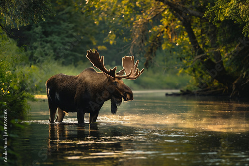 Majestic Moose in Misty River at Sunrise in Lush Forest