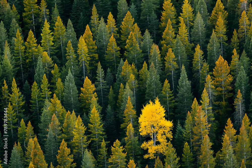 Fototapeta premium A solitary yellow deciduous tree stands out amid a sea of evergreen conifers, highlighting the striking contrast of autumn colors in the forest.