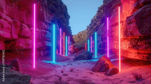 desert canyon with neon art installation, vivid colors contrasting natural tones