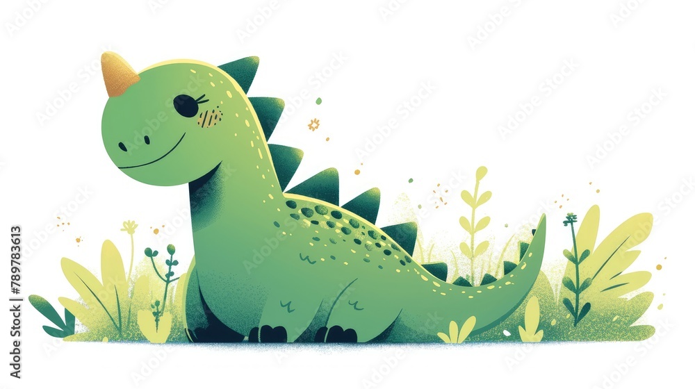 Obraz premium A whimsical green dinosaur character set against a clean white backdrop
