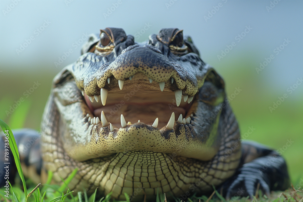 Obraz premium Close-Up of an Alligator Smiling with Sharp Teeth in Natural Habitat