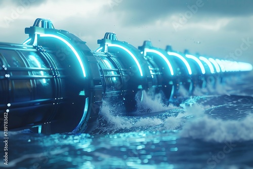 tidal wave energy converters accented with neon blue  powerful oceanic backdrop