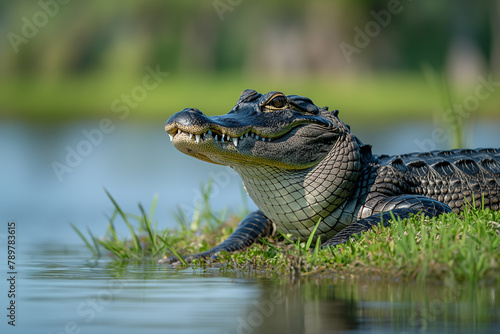 American Alligator Relaxing by the Water's Edge in Natural Habitat