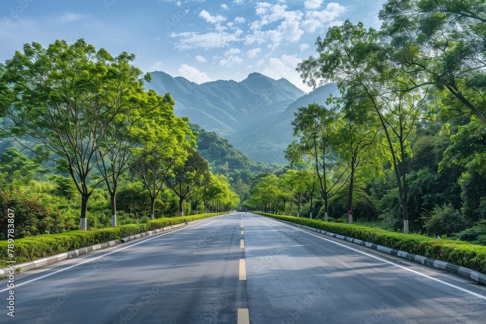Asphalt road and green forest with mountain nature landscape in Hangzhou, China - generative ai Asphalt road and green forest with mountain nature landscape in Hangzhou, China - generative ai