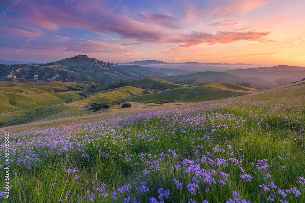 Stunning Sunset Over Hills Covered with Purple Wildflowers