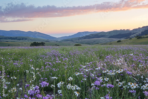Sunset Over Flowering Meadow with Distant Hills