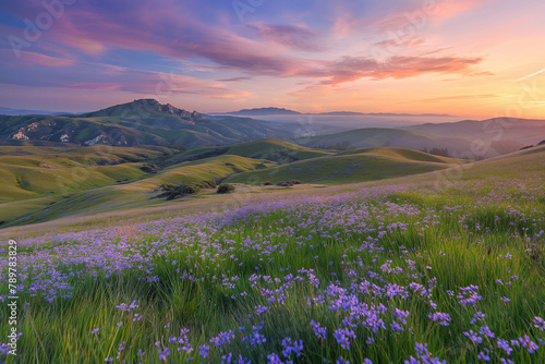 Stunning Sunset Over Hills Covered with Purple Wildflowers