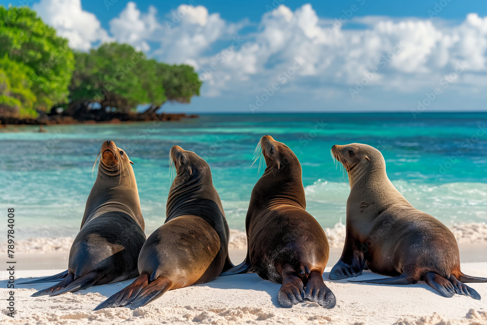 Fototapeta premium Group of Sea Lions Lounging on Tropical Beach
