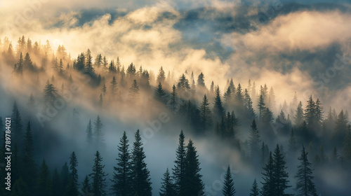 Misty Sunrise Over Dense Pine Forest © Darya