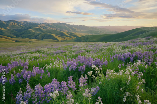 Serene Wildflower Meadow with Rolling Hills at Sunrise