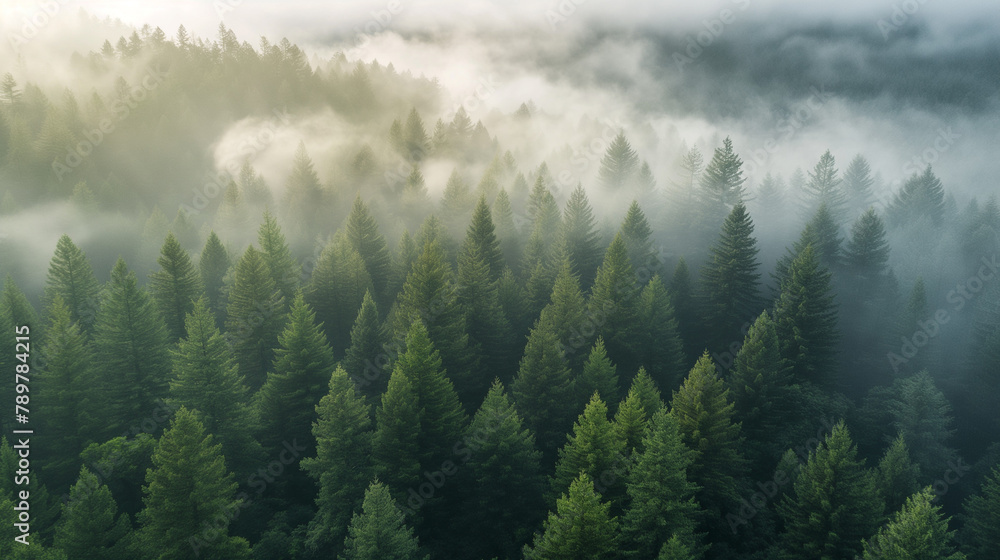 Misty Forest Morning Light Pine Trees