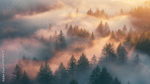 Golden Sunrise Through Misty Pine Forest