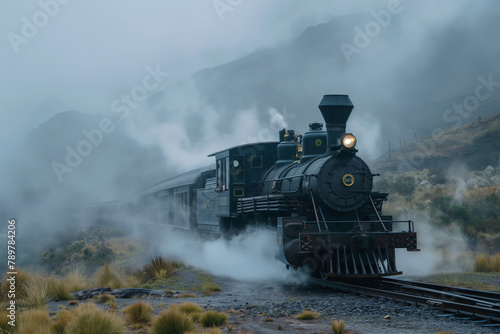 Vintage Steam Train in Misty Mountain Landscape