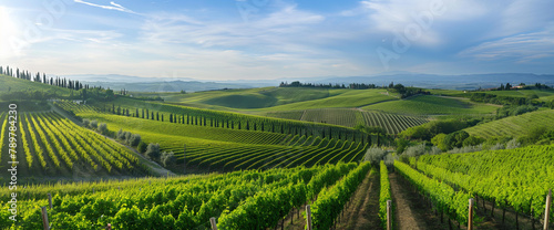 Expansive rows of lush vines stretch across a picturesque landscape, embraced by the soft light of a cloud-streaked sky, epitomizing the essence of viticulture.