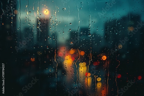 A close shot of raindrops on window with blurry city backdrop colorful lightings and blurry theme for text or backdrop, Generative AI. photo