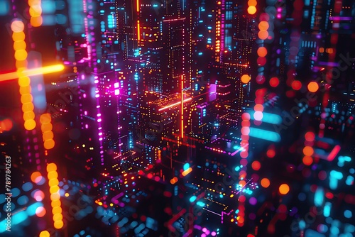 Digital consciousness abstract in a futuristic cityscape, glowing AI networks, neon architecture, closeup, high saturation, dark background