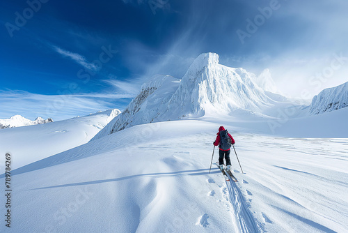 A solitary figure ascends a snow-blanketed ridge, with the sun casting a radiant glow over the untouched peak ahead, encapsulating the essence of solitude and the spirit of mountaineering. © Darya