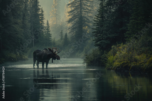 In the quiet of dawn, a solitary moose stands in a misty river, surrounded by the ethereal beauty of a forest awakening.