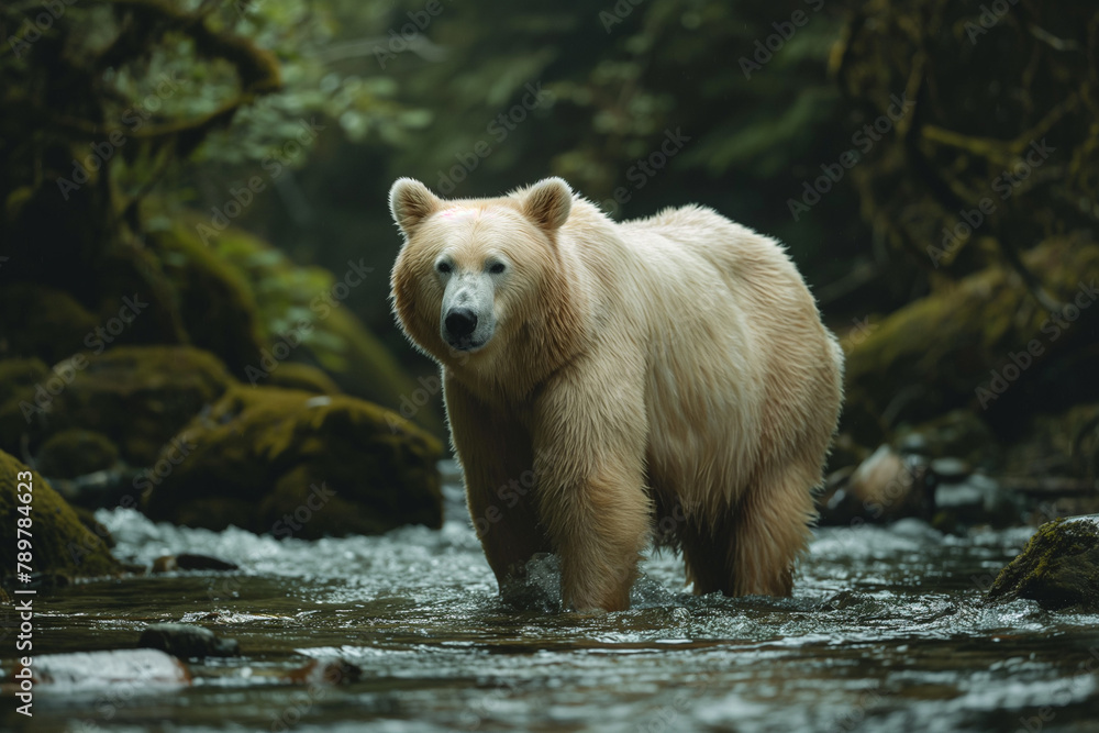 Obraz premium An albino bear's rare and striking presence is captured as it traverses a forest stream, surrounded by rich, dark greenery.