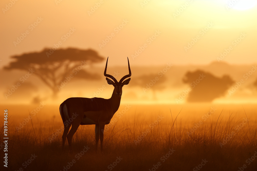 The silhouette of an impala stands proudly on the savannah, bathed in the glow of the setting sun, a quintessential African scene.
