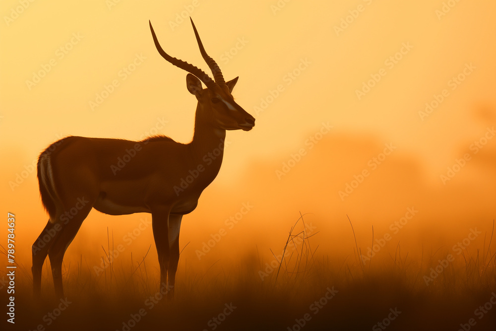 Fototapeta premium In the soft twilight, an impala stands alert amidst the grasslands, its form illuminated by the golden hues of the fading African sun.