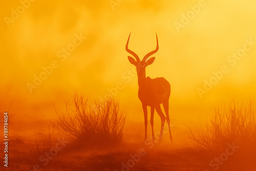 An impala stands silhouetted against the fiery orange of a dust-filled sunset  embodying the wild spirit of the African savannah at day   s end.