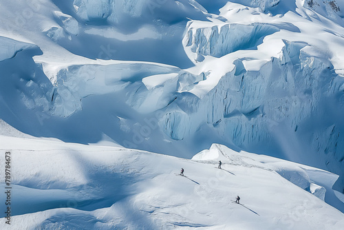 Skiers carve turns down the sweeping slopes of a glacier, with imposing seracs and ice towers under a soft, shadow-cast light.