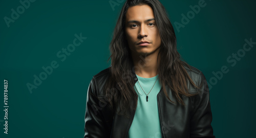 Intense gaze of a long-haired man in a black leather jacket over a teal shirt, against a matching teal background.