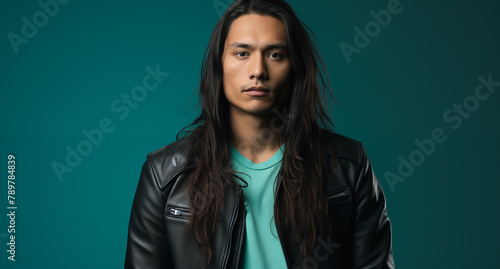 Intense gaze of a long-haired man in a black leather jacket over a teal shirt, against a matching teal background.