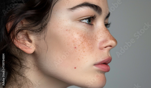 Close-up side profile of a young woman with freckled skin and a contemplative gaze against a soft gray background.