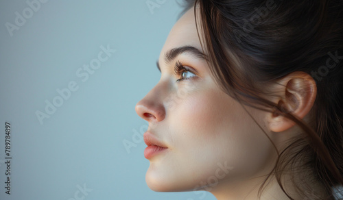 Close-up side profile of a young woman with a serene expression  showcasing natural makeup and clear skin against a cool-toned backdrop.