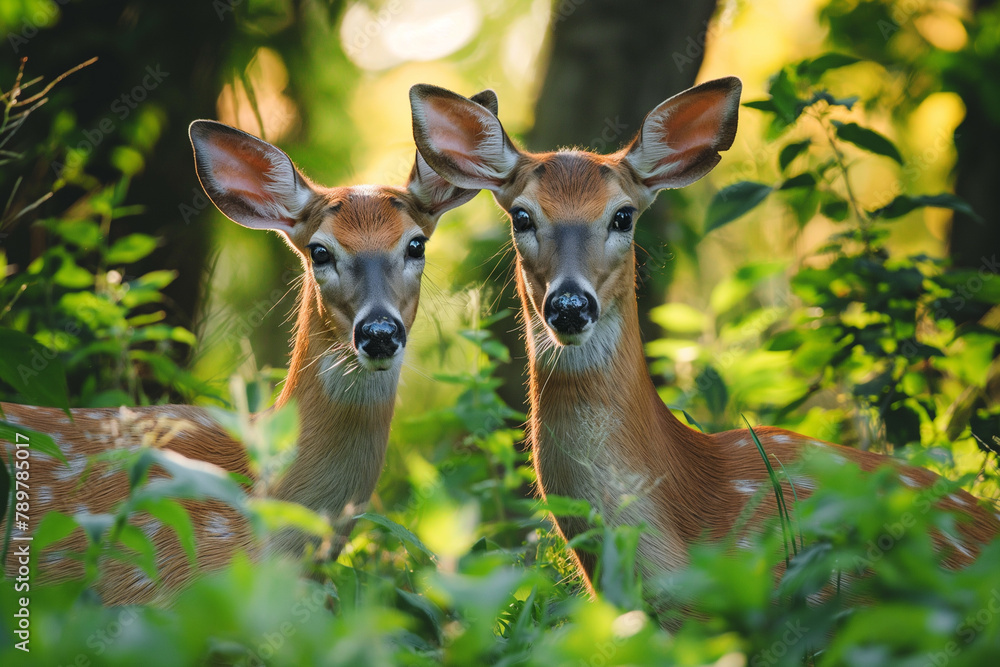 Two curious deer emerge in a sunlit glade, their large ears attentive and eyes bright, a serene portrait of wildlife harmony. Two curious deer emerge in a sunlit glade, their large ears attentive and eyes bright, a serene portrait of wildlife harmony.