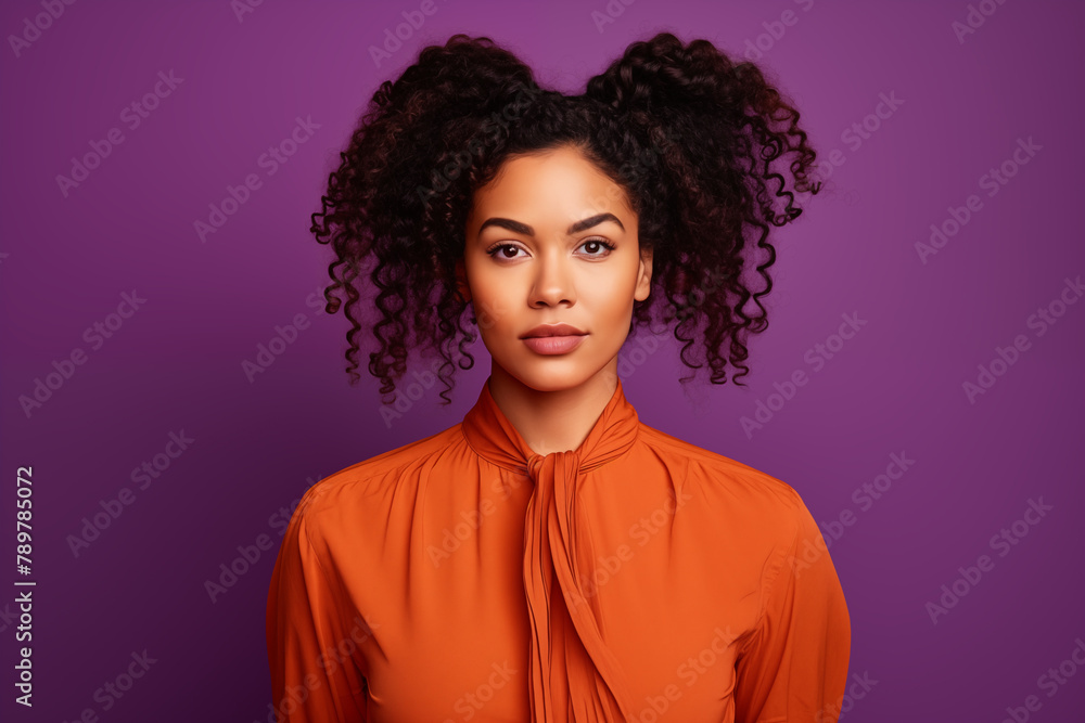 A woman with curly hair exudes confidence in a vibrant orange blouse, set against a complementary purple backdrop. A woman with curly hair exudes confidence in a vibrant orange blouse, set against a complementary purple backdrop.
