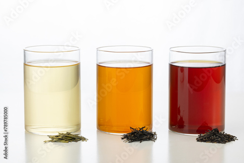 After brewing three different Chinese tea colors: green tea, oolong tea, red tea. photo