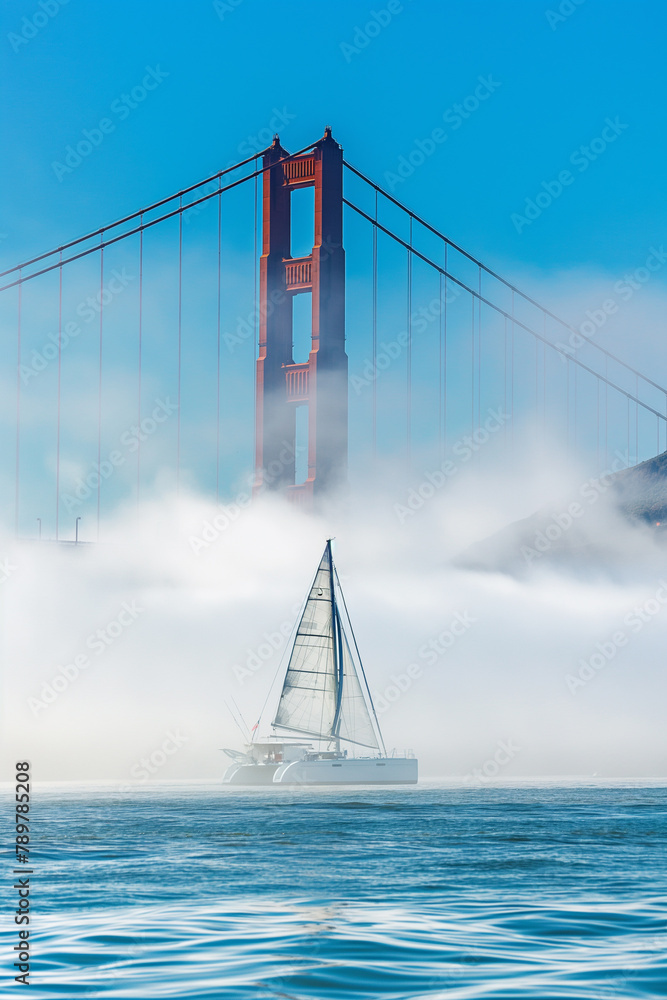 A white sailboat cuts through the blue waters, framed by a majestic bridge partly veiled by morning fog, a scene of nautical grace. A white sailboat cuts through the blue waters, framed by a majestic bridge partly veiled by morning fog, a scene of nautical grace.