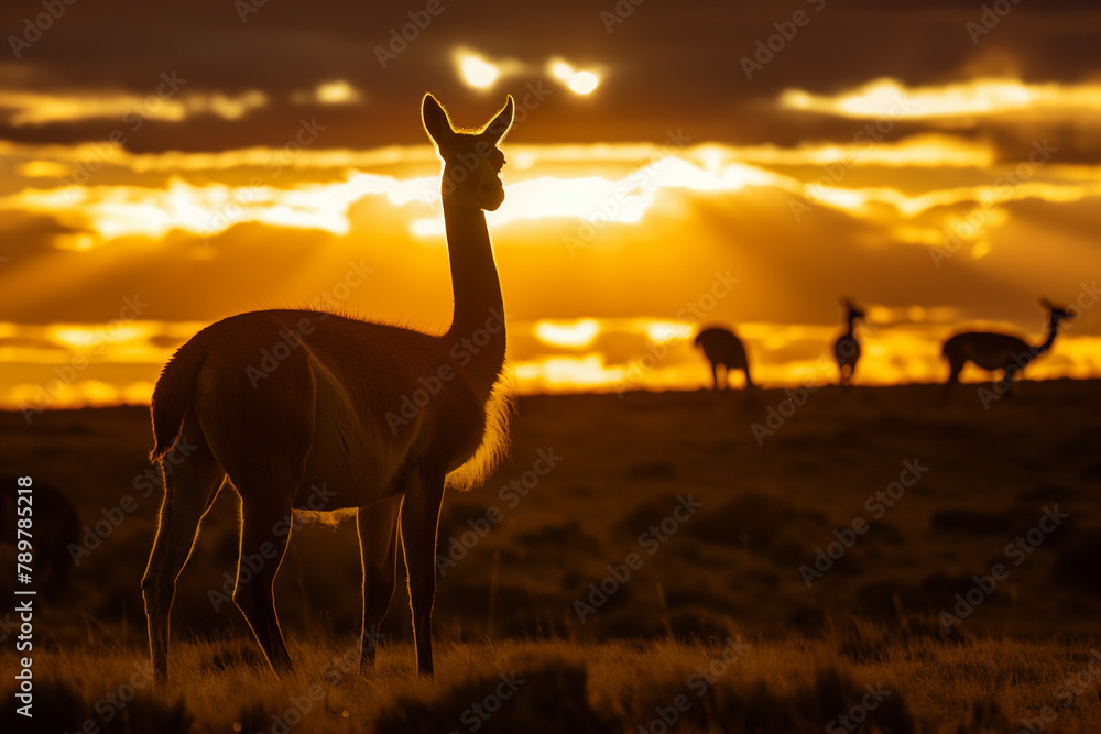 A guanaco's silhouette is captured against the backdrop of a dramatic sunset, with golden hues outlining its tranquil presence.