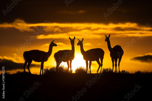 Silhouetted against a fiery sunset sky  a group of llamas stand in profile on the horizon  embodying the tranquil end of a day in the wild.