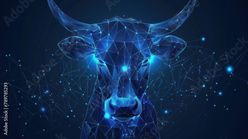 Cow with horns, an farm pet, from futuristic polygonal blue lines and glowing stars for banner, poster, greeting card. AI generated © haizah