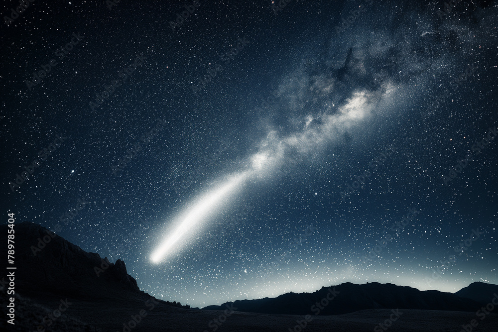 An awe-inspiring comet with a brilliant tail crosses the dark expanse of the night sky over rugged terrain.


