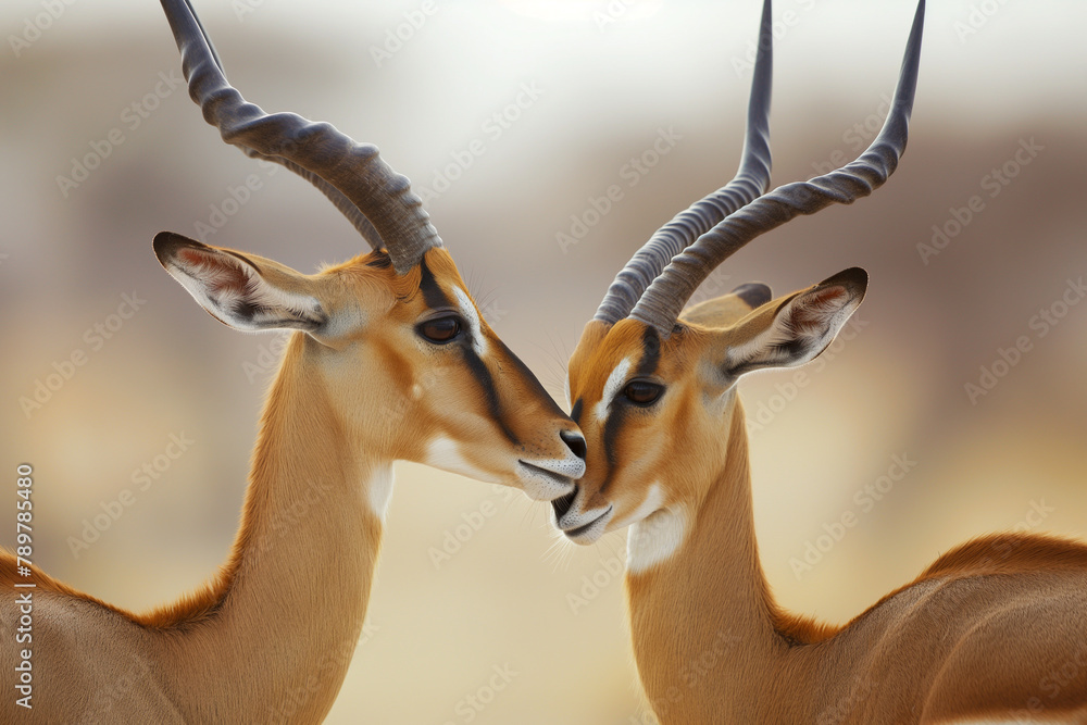Fototapeta premium Two impalas engage in a tender moment, their symmetrical horns and gentle gaze against the golden savannah create a portrait of wildlife grace.