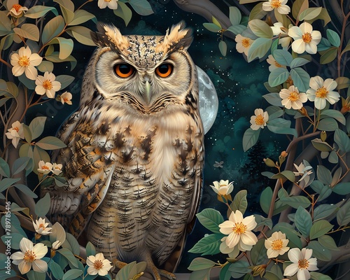 A wise old owl in a moonlit garden, with nightblooming jasmine all around photo