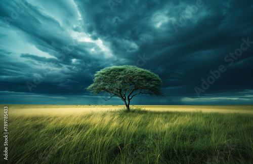 A single, resilient tree stands in stark contrast to the swirling storm clouds gathering above an expansive savannah.