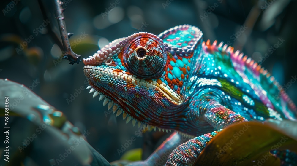 Vivid chameleon perched amidst lush greenery in cinematic lighting