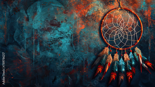 native american indigenous dreamcatcher on blue red grunge wall with copy space.