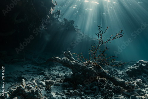 Underwater Scenery with Sunlight and Bare Tree Branch 